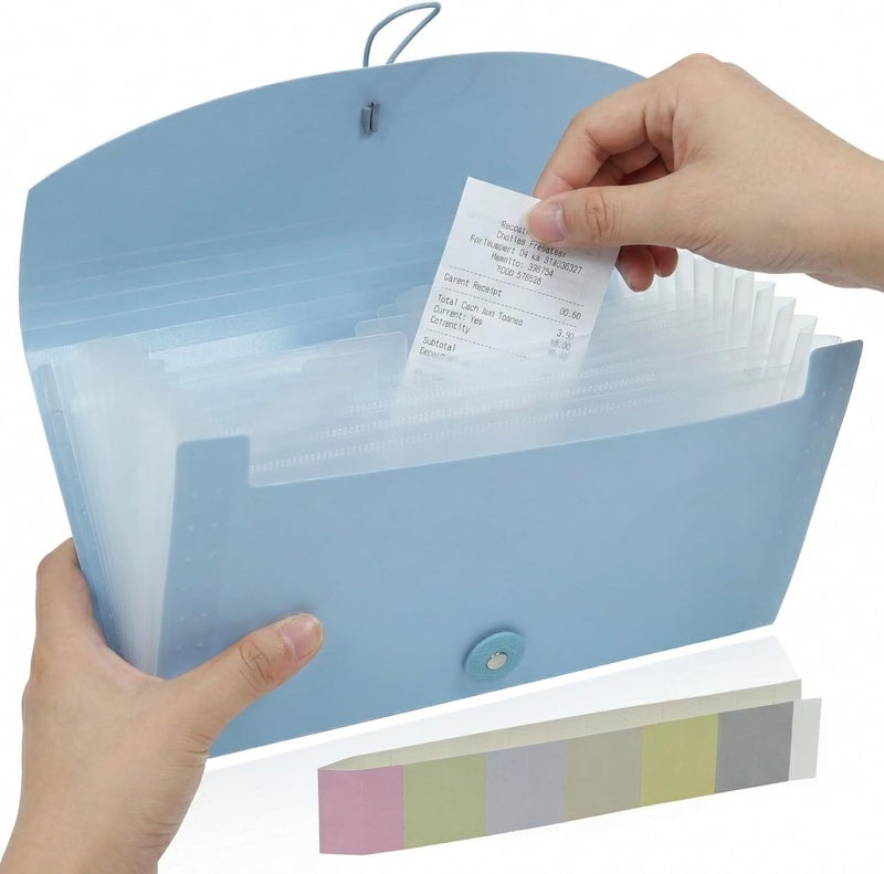 Gtheimn Portable 13-Pocket Receipt & Coupon Organizer, Small Expanding Accordion File Folder with Labels, Long Ticket Size Holder for Bills, Checks, and Travel Documents (10.2" x 5.5"), Blue - Image 1